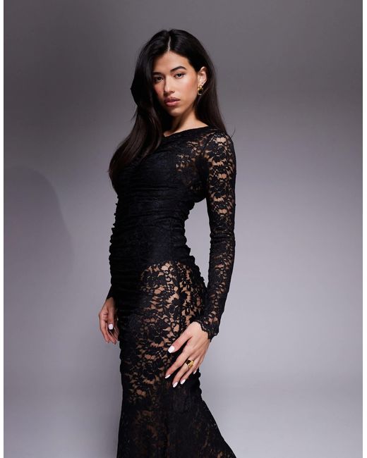 afrm black lace dress Ruched Long Sleeve Maxi With Bodysuit in Waist Width Color:RUBY RED som_white_glove Lulu B Black Short
