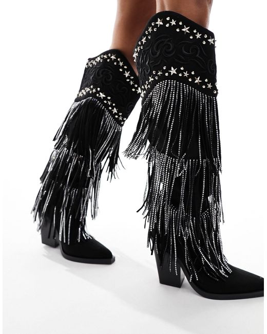 SIMMI Black Simmi London Dance Fringe Western Knee Boot