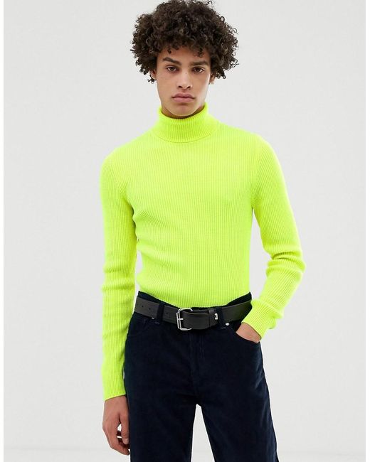 ASOS Green Muscle Fit Ribbed Roll Neck Sweater In Neon Yellow for men