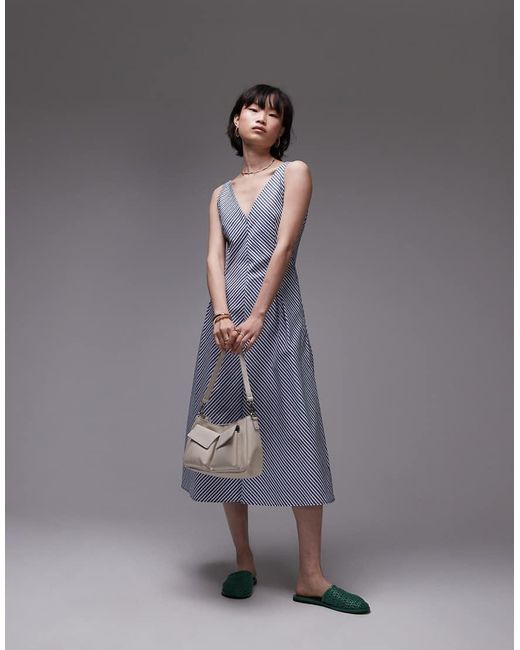 Vestido Midi A Rayas Azules Con Cuello De Pico De Algodón De Mango de color Gray
