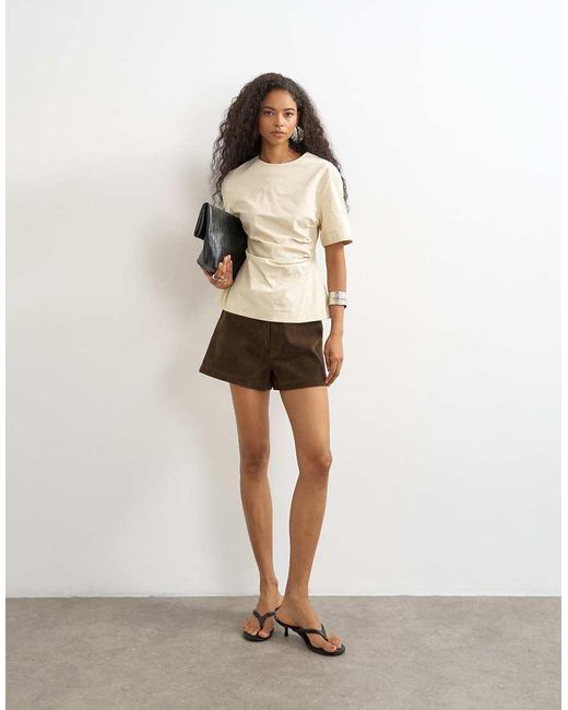 TOPSHOP Natural Structured Short Sleeve Ruched Side Top