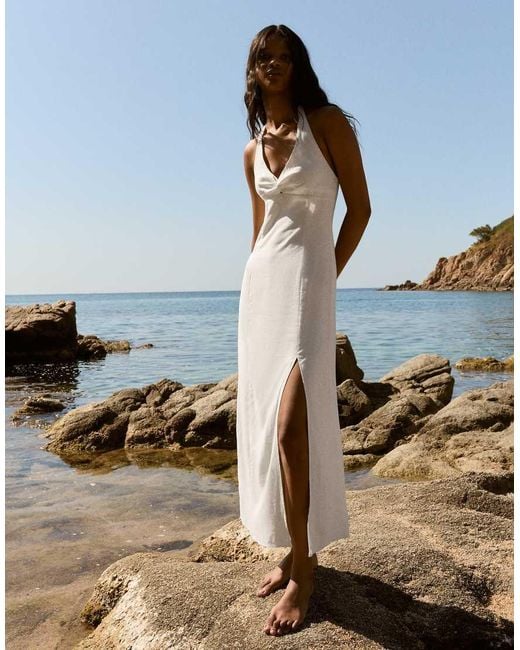 Bershka White Halter Midi Dress With Linen
