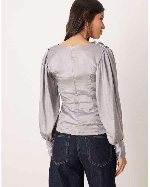 Ghospell Gray Balloon Sleeve Cowl Neck Top