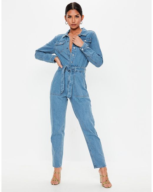 Missguided Blue Jumpsuit aus Jeans mit durchgehender Knopfleiste