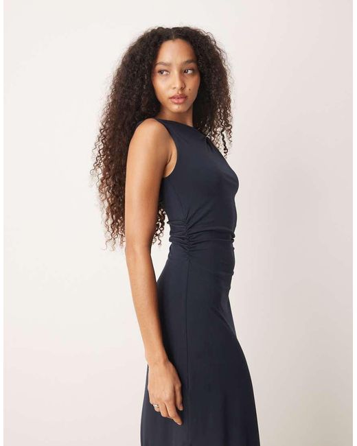 Mango Blue Slinky Maxi Dress With Twist Shoulder And Hardware Detail