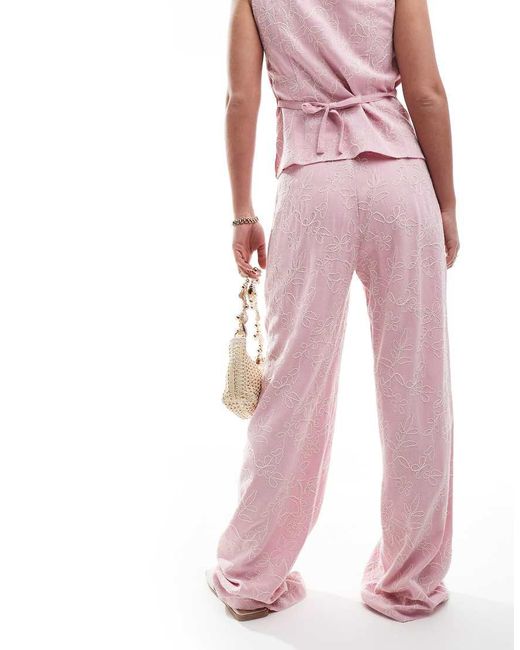 Stradivarius Pink Linen Blend Embroidery Detail Pants