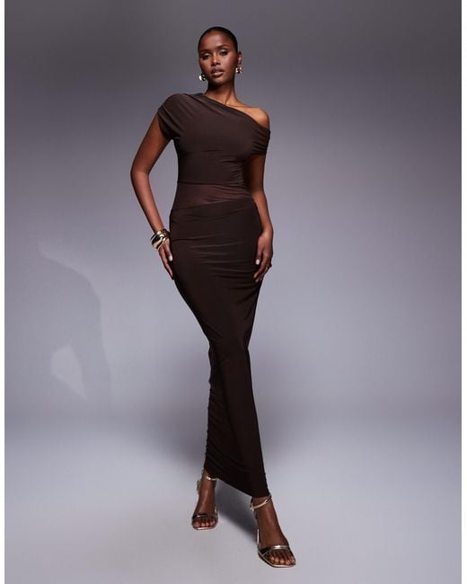 Kaiia Purple Exclusive Double Layered Slinky Drape Off Shoulder Sheer Mesh Panel Maxi Dress