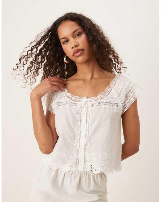 Mango White Cotton Tie Front Lace Detail Blouse