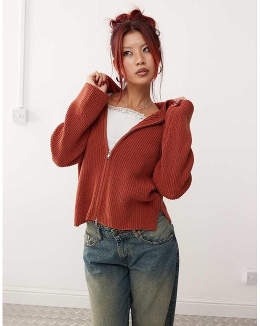 Monki Red Knitted Rib Hoodie Zip Up Cardigan
