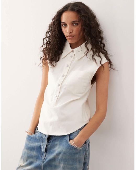 Monki White Cap Sleeve Slim Shirt With Curved Hem Detail