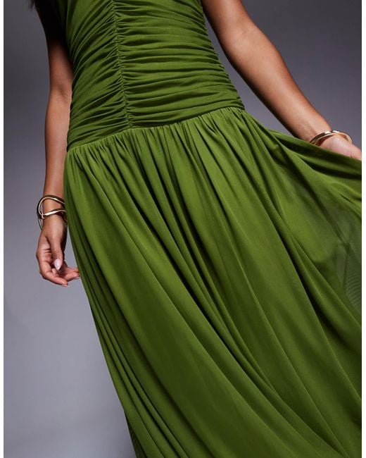 Aria Cove Chiffon V Neck Dropped Pleated Waist Maxi Dress in Green | Lyst