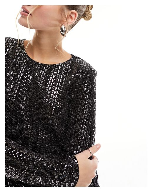 Pieces Black Sequin Long Sleeve Top Co-ord