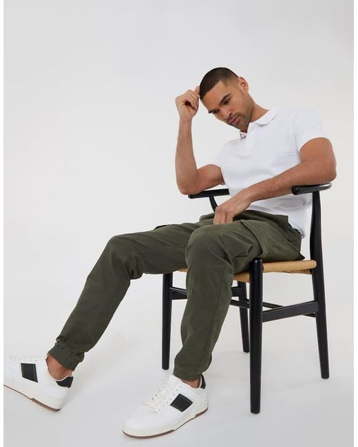 Threadbare Green Cotton Jogger Style Cargo Trousers With Stretch for men