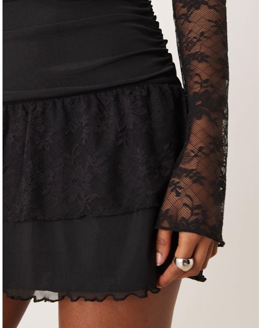 Motel Women's Natural Mishal Long Sleeve Plunge Lace Mini Dress