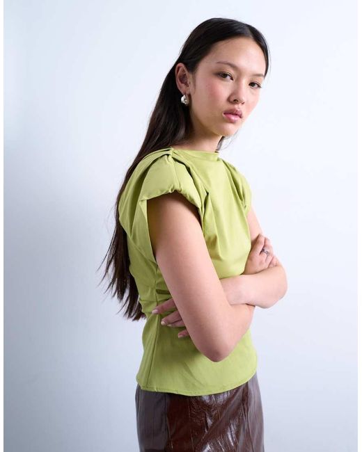 TOPSHOP Green Cinch Waist Ruched Top
