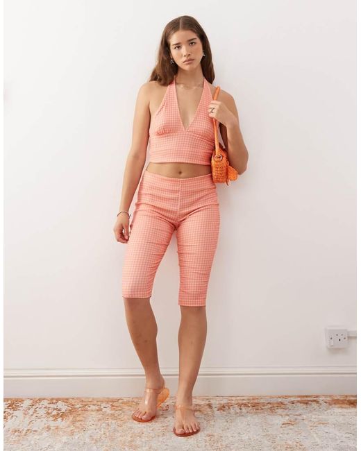 Reclaimed Vintage Pink Gingham Print Crinkle Textured Capri Trousers Co-Ord