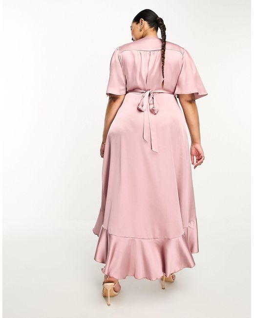 Flounce London Pink Wrap Front Satin Midi Dress With Flutter Sleeves