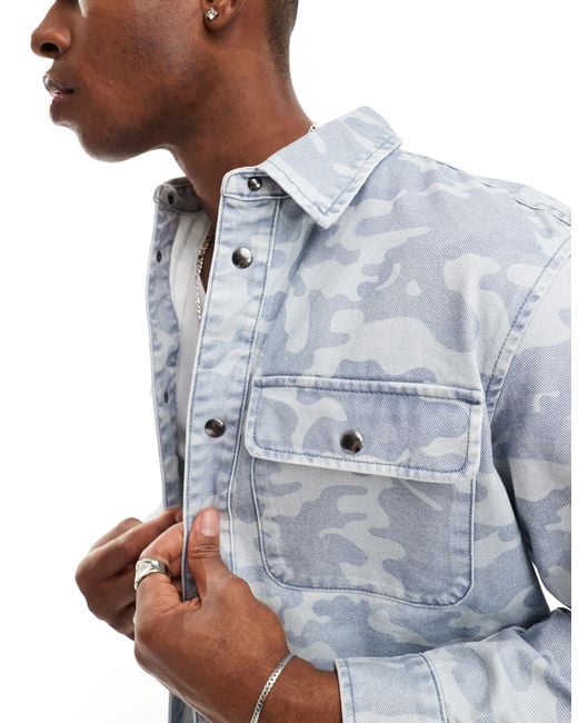 Armani Exchange Blue Tonal Camo Pattern Denim Overshirt for men