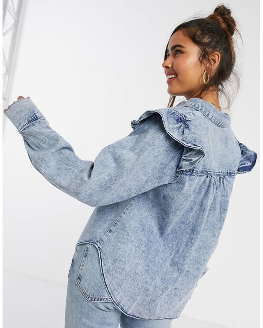 Free People Ruffle Denim Shirt in Blue 