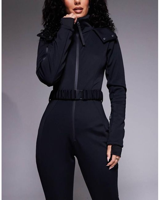 ASOS 4505 Ski & Snow Blue Asos 4505 Hourglass Ski Soft Shell Belted Ski Suit With Slim Kick Leg And Faux Fur Hood