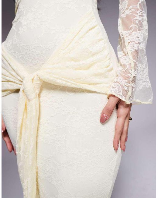 Kaiia Purple Exclusive Double Layered Slinky Lace Bardot Flare Sleeve Tie Waist Drape Detail Maxi Dress