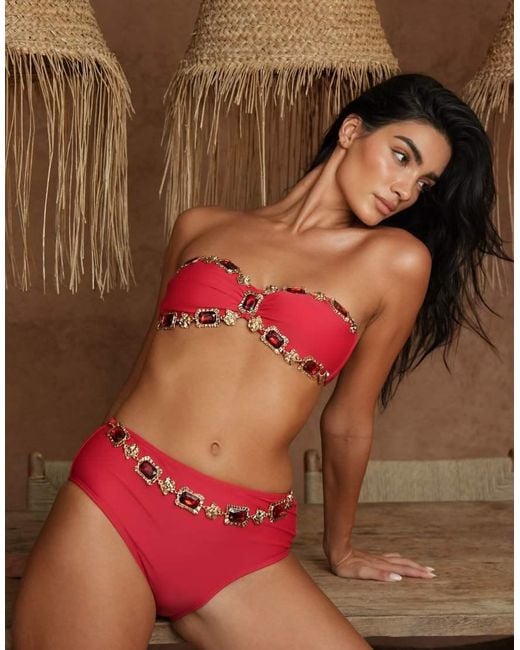 Moda Minx Red X Zoe Servini Bandeau Bikini Top With Faux Jewel Trim