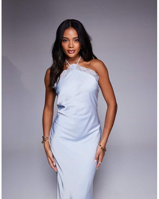 Aria Cove Purple Satin Halterneck Lace Detail Maxi Dress