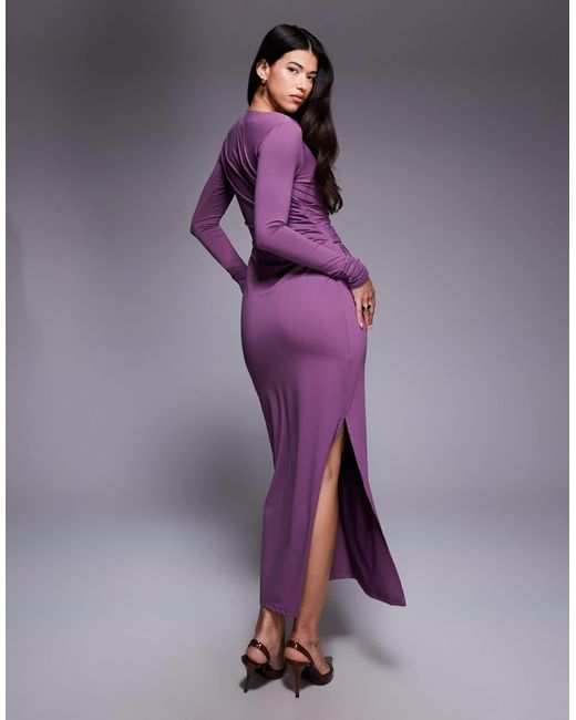knee length dresses for ladies Rent ASOS DESIGN Satin High Drape Neck Maxi With Long Sleeves In Navy