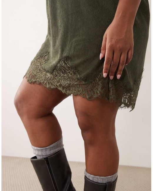 ASOS Green Asos Design Curve Cord V Neck Lace Trim Mini Shift Dress