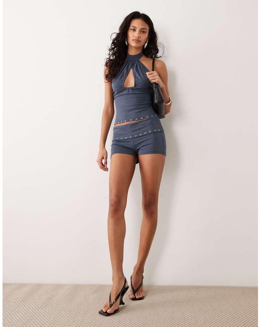 Motel Blue Co-ord Gyomei Eyelet Wrap Jersey Halter Top