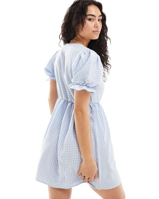 Miss Selfridge Blue Puff Sleeve Gingham Mini Dress With Tie Front Detail