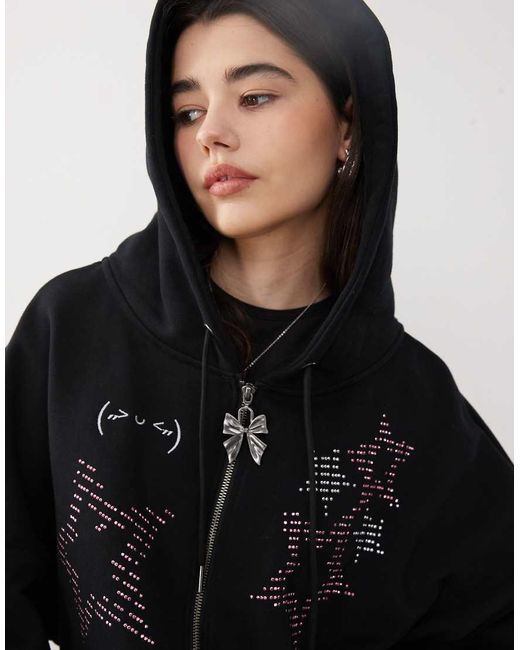 Minga Black London Ascii Cat Studded Zip Up Hoodie