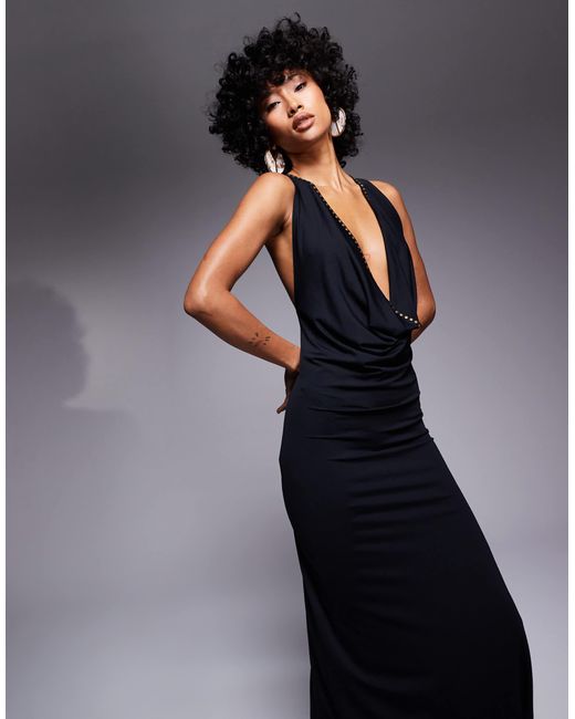 ASOS Blue Studded Embellishment Cowl Maxi Dress With Cross Back