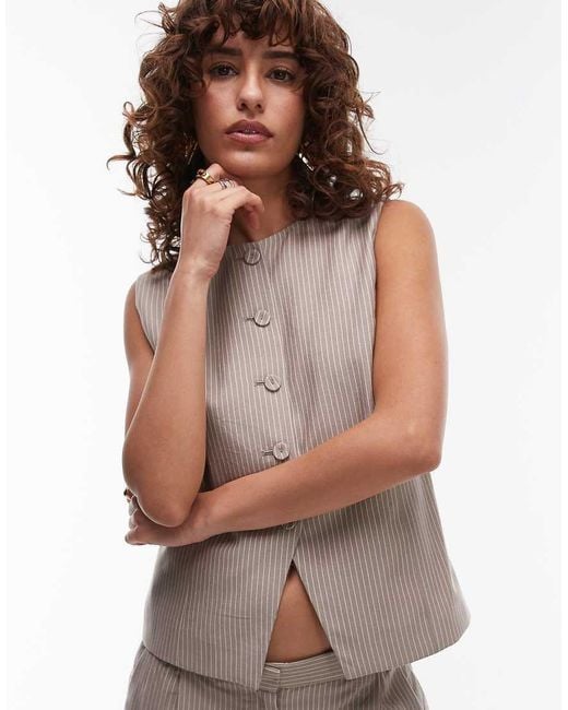 Mango Brown Cotton Pinstripe High Neck Waistcoat Co-ord
