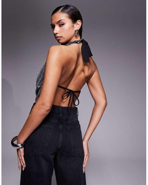 Edikted Blue Sequin Backless Halter Neck Top