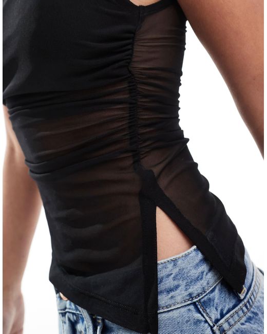 ASOS Blue Grown On Neck Ruched Sides Sheer Mesh Top