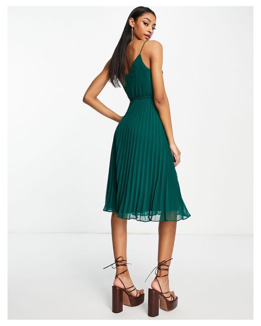 ASOS Pleated Cami Midi Dress With Drawstring Waist in Green | Lyst Canada