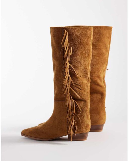 ASOS Brown Cressida Pull On Fringe Flat Knee Boots