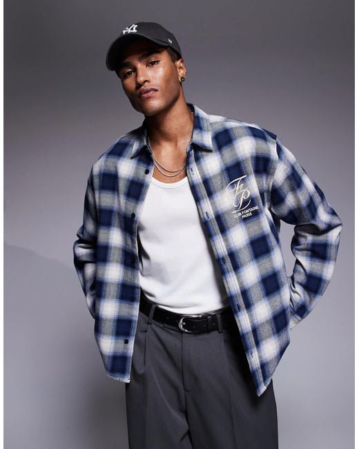 ASOS Men's Blue Boxy Oversized Check Shirt With Chest Embroidery