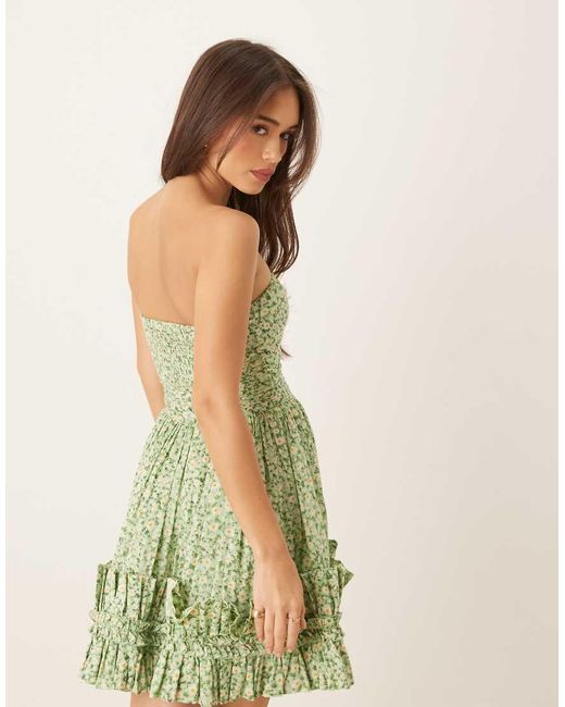 LACE & BEADS Green Bandeau Cotton Ruffle Hem Mini Dress