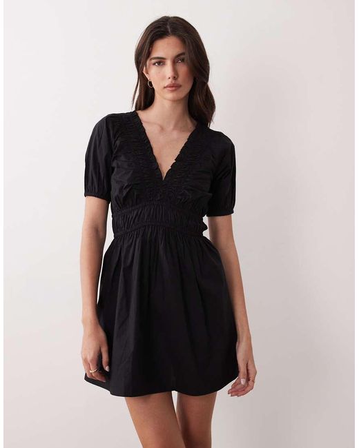 Nobody's Child Black Madison Puff Sleeve Shirred Cotton Mini Dress