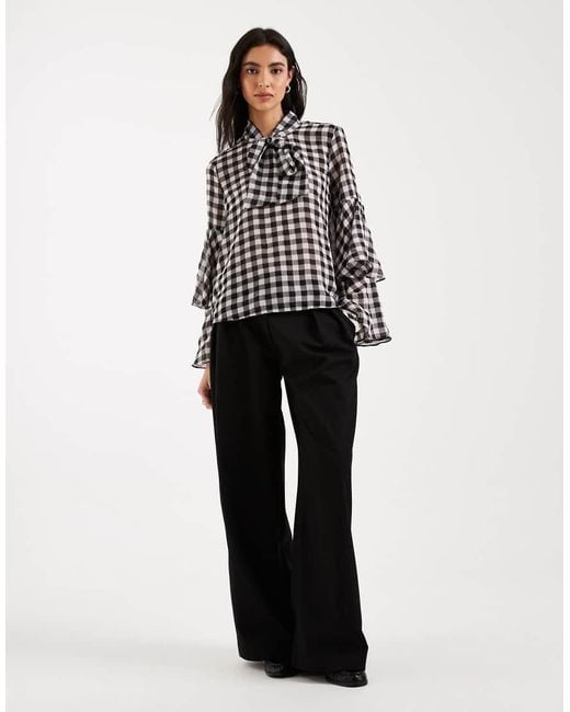 Vero Moda Black Tie Neck Gingham Blouse With Tiered Cuffs