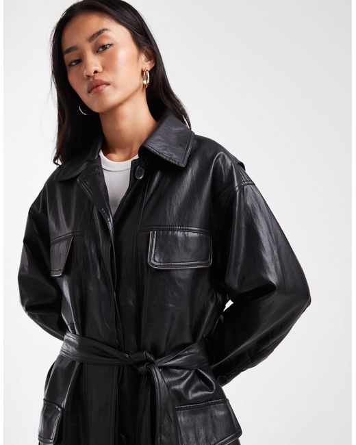 ASOS Blue Longline Leather Look Trench With Contrast Pockets