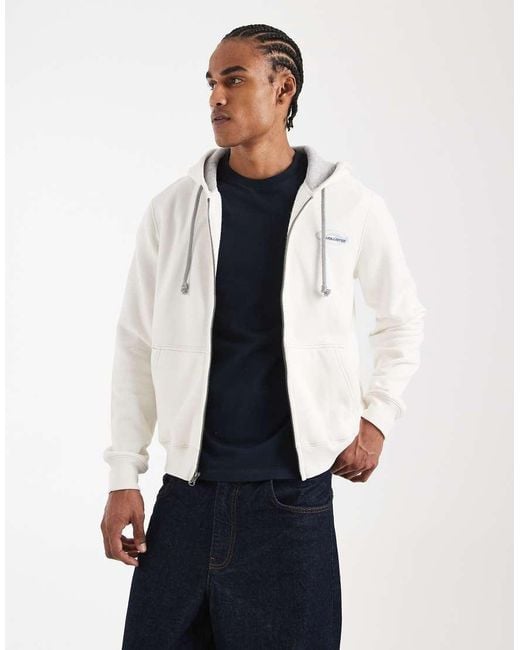 Hollister White Zip Up Hoodie With Back Logo Graphic Detail for men