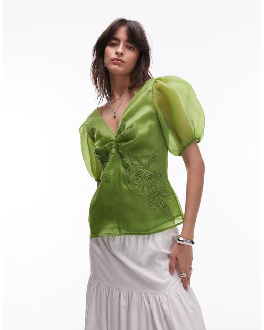 TOPSHOP Green Embroidered Organza Puff Sleeve Top