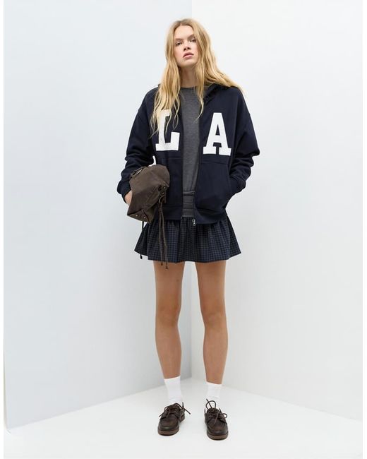 Pull&Bear Blue Hoodie With Zipper And Graphic
