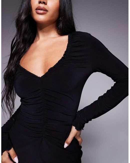 ASOS Black Long Sleeve Ruched Front Mini Dress