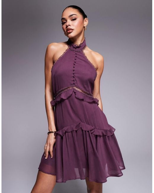 ASOS Lace Insert Halter Tiered Mini Dress in Purple | Lyst