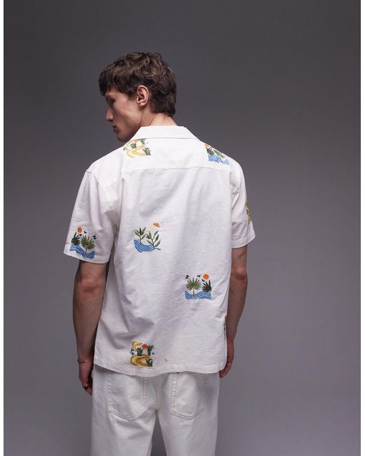 Topman White Short Sleeve Square Embroidered Shirt for men
