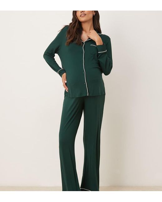 ASOS Green Asos Design Maternity Super Soft Long Sleeve Shirt & Trouser Pyjama Set